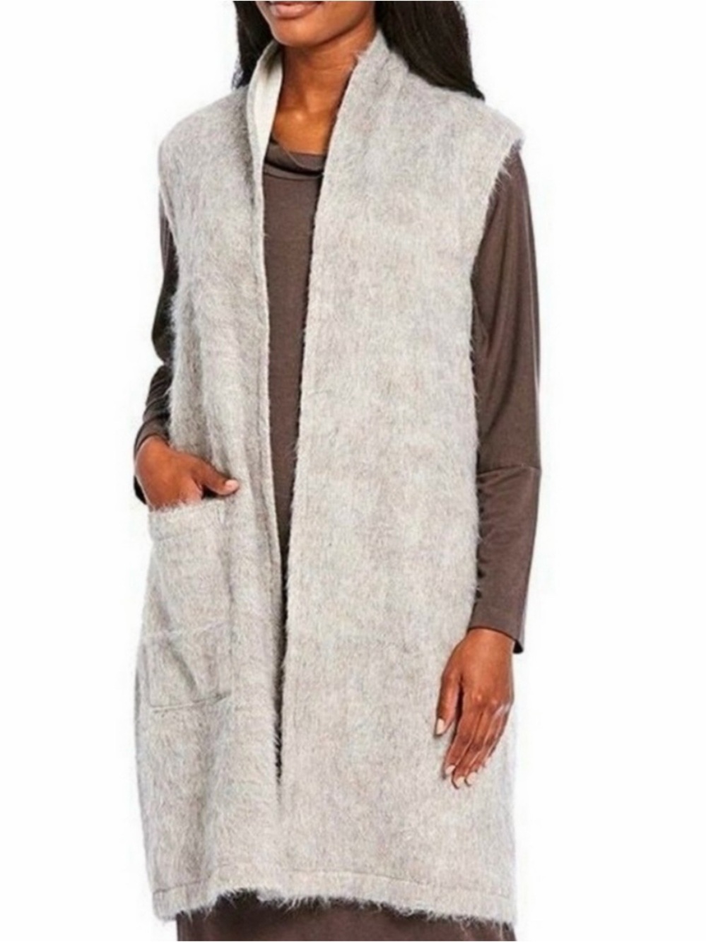 Bryn Walker Grey Fuzzy Long Duster Vest Cardigan Size Small